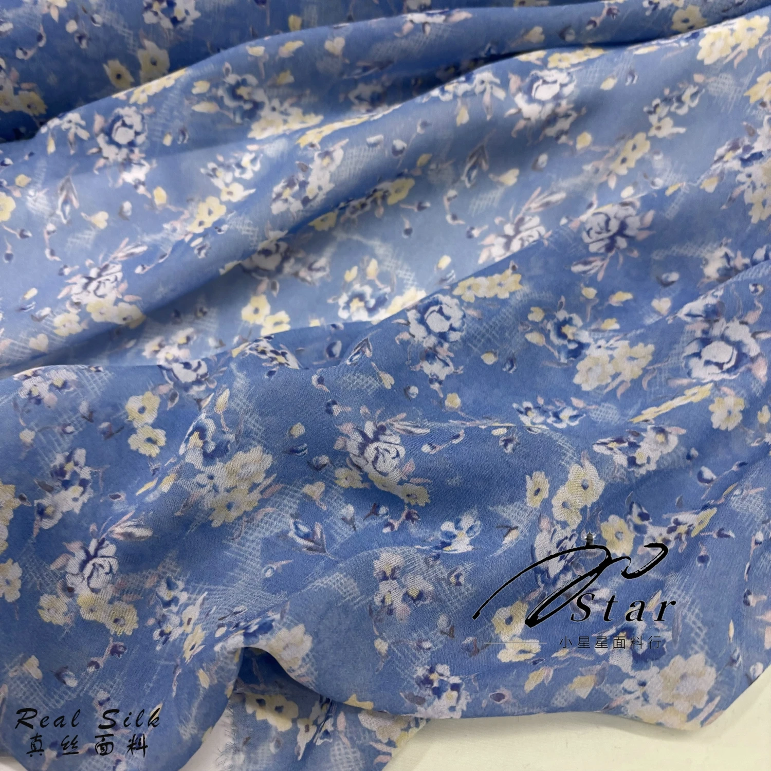 Blue and Purple Printed Micro-Transparent Silk Fabric Satin Fabric Dress Spring