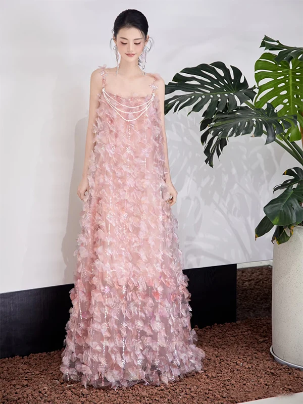 

Pink Evening Gown Wedding Dr Morning oot Sweet Sle High Waist Handmade Flowers No Sve Long Dr for Women