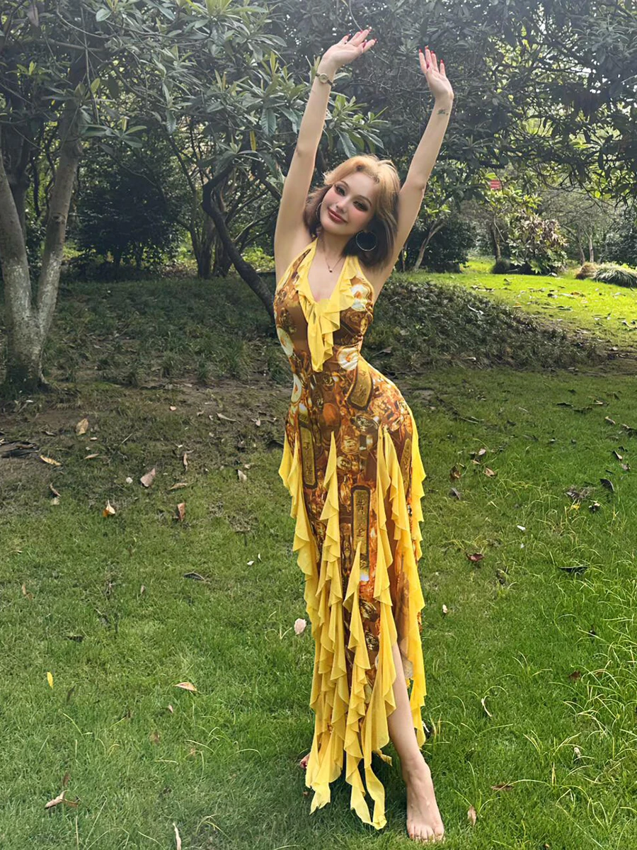 ReddaChic Abito lungo con frange e volant con spacco Altalena Estate Allover Monete d'oro Scollo a V Tie Up Halter Dress Boho Retro Abbigliamento donna