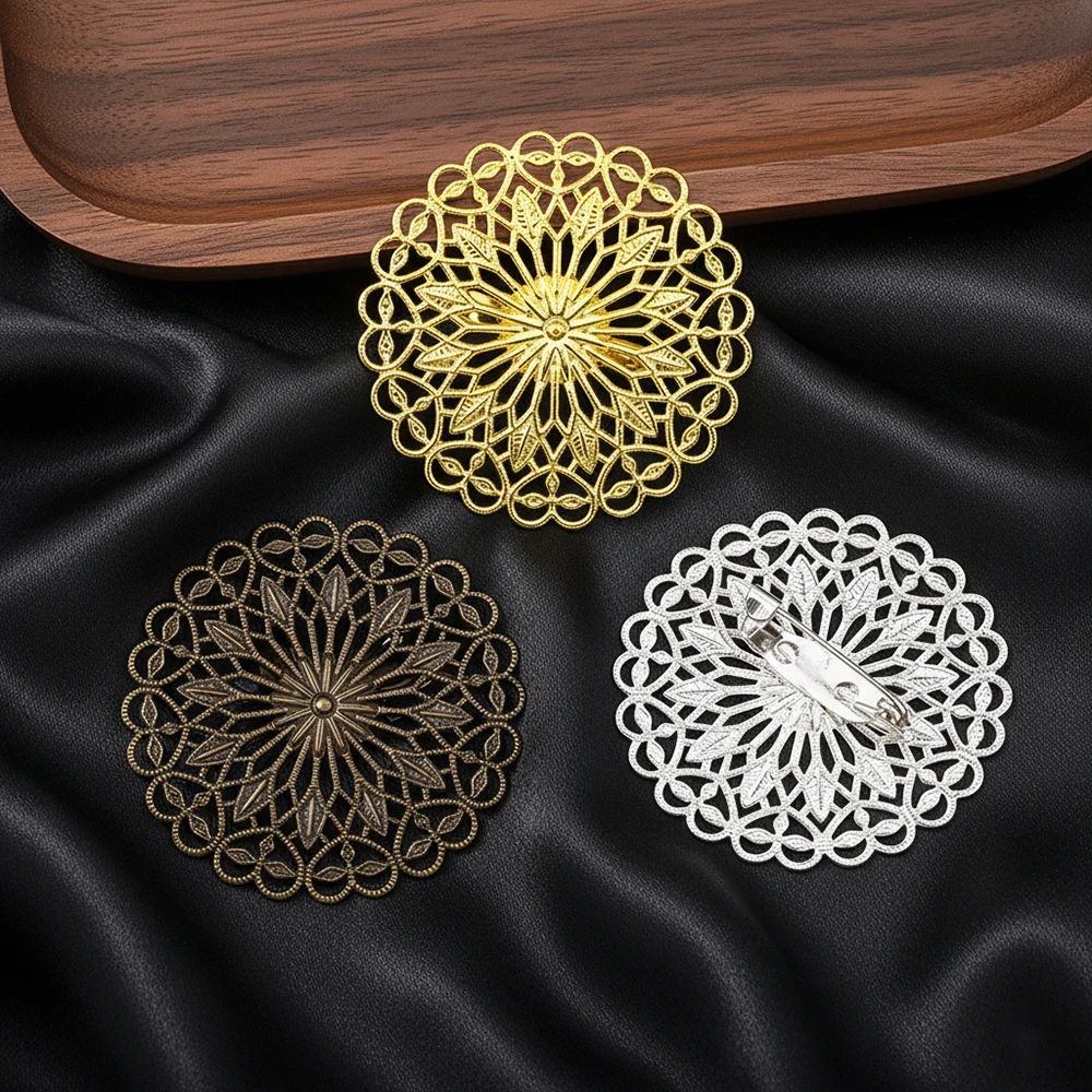 

5pcs Round Flowers Brooch Base Pad Setting Base with Pin 38mm Copper Brass Filigree Wraps Connectors Jewelry Making Accessories