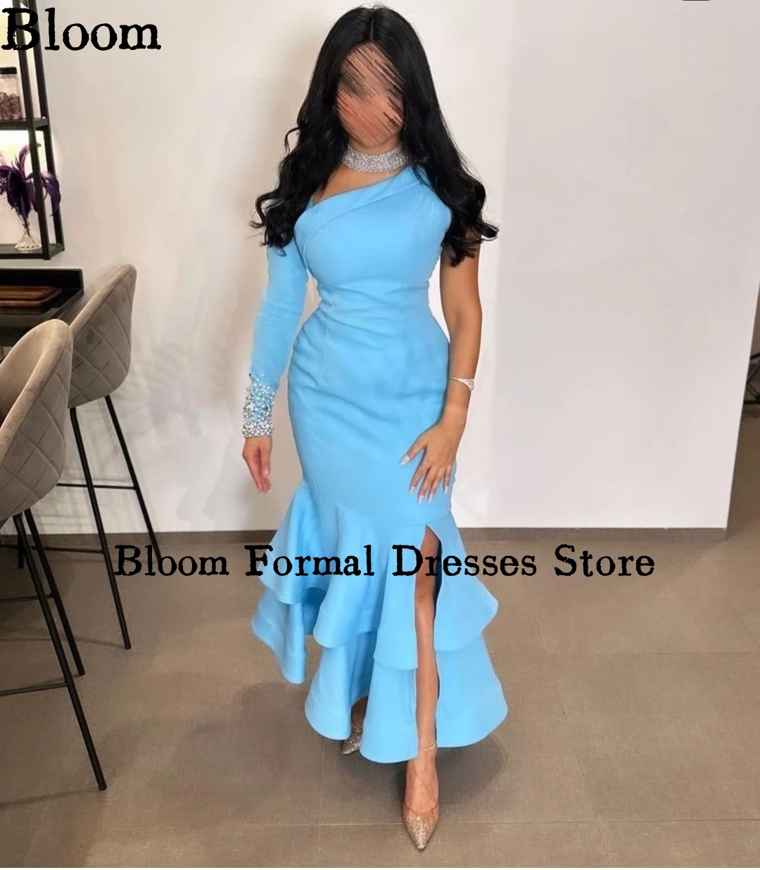 Bloom Sky Blue One-Shoulder Prom Dresses Cuff Beadings Long Sleeve Mermaid Evening Dresses Wedding Party Dress vestidos de gala