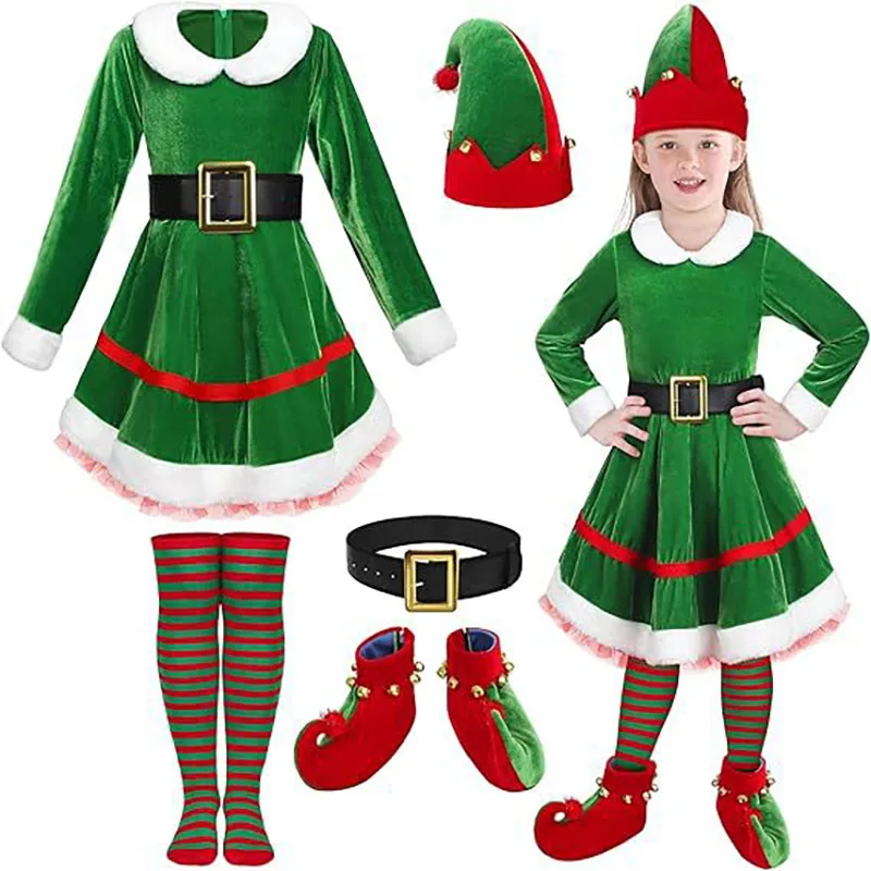 

Christmas Elf Costumes For Girls Boys Green Red Elf Kids Clothes Suit Santa Uniform Girl's Holiday Gift Party Cosplay Dress