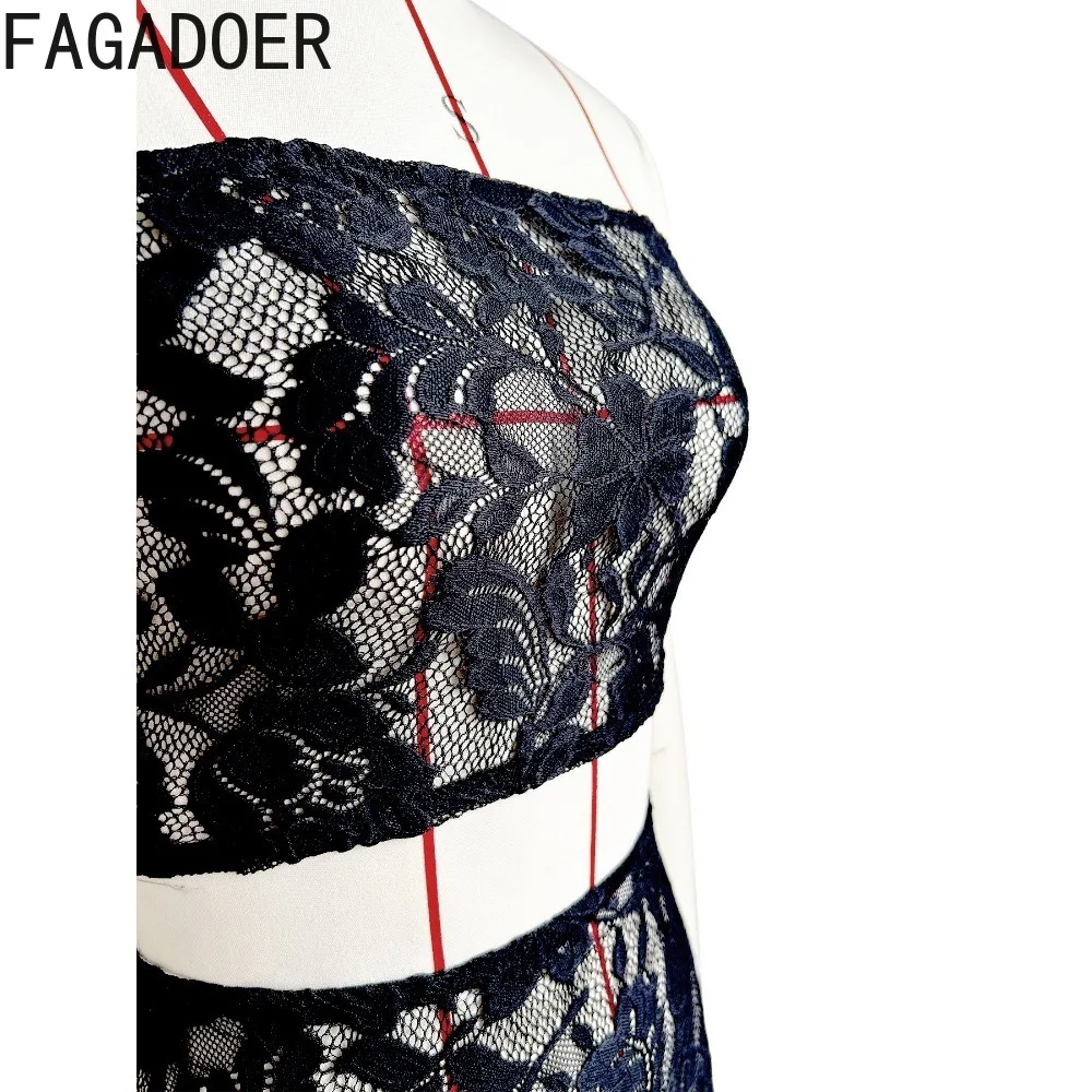 FAGADOER Sexy Lace Perspective Two Piece Sets Women Off Shoulder Sleeveless Backless Tube+Shorts Outfits Fashion 2pcs Streetwear