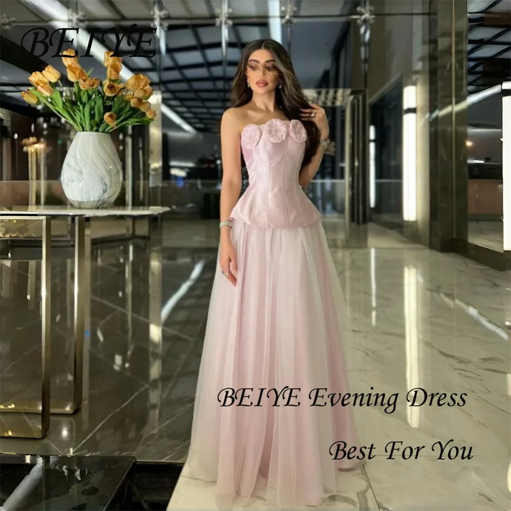 BEIYE Nowoczesna Różowa Satynowa Suknia Wieczorowa w Kształcie Litery A, Kwiaty, Bez Ramiączek, Odkryte Plecy, Plisowana Tiulowa Suknia na Przyjęcie, Szyta na Miarę فساتين سهرة