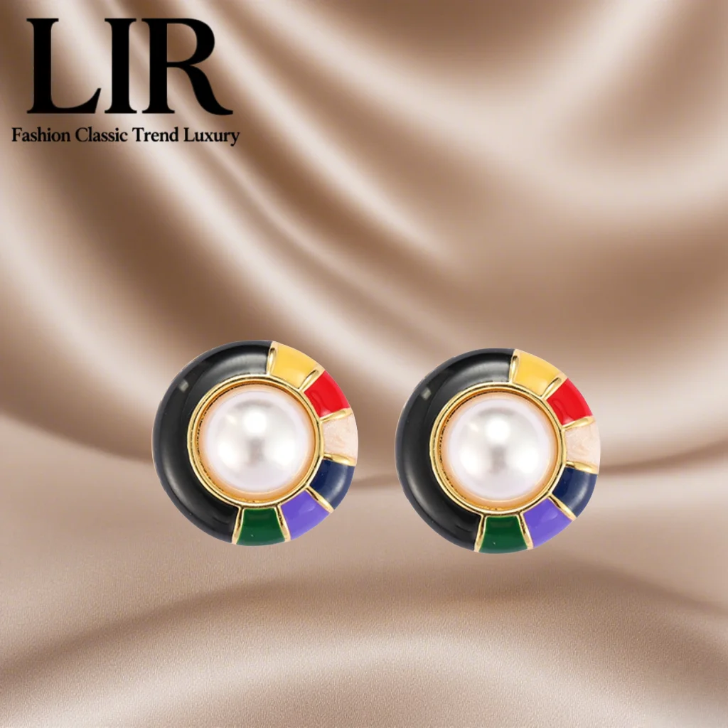 

LIR Hepburn - Style Earrings: Black Enamel, Colorful Glaze, Pearl Inlay, Classic & Face - Framing, Women's Trendy Jewelry