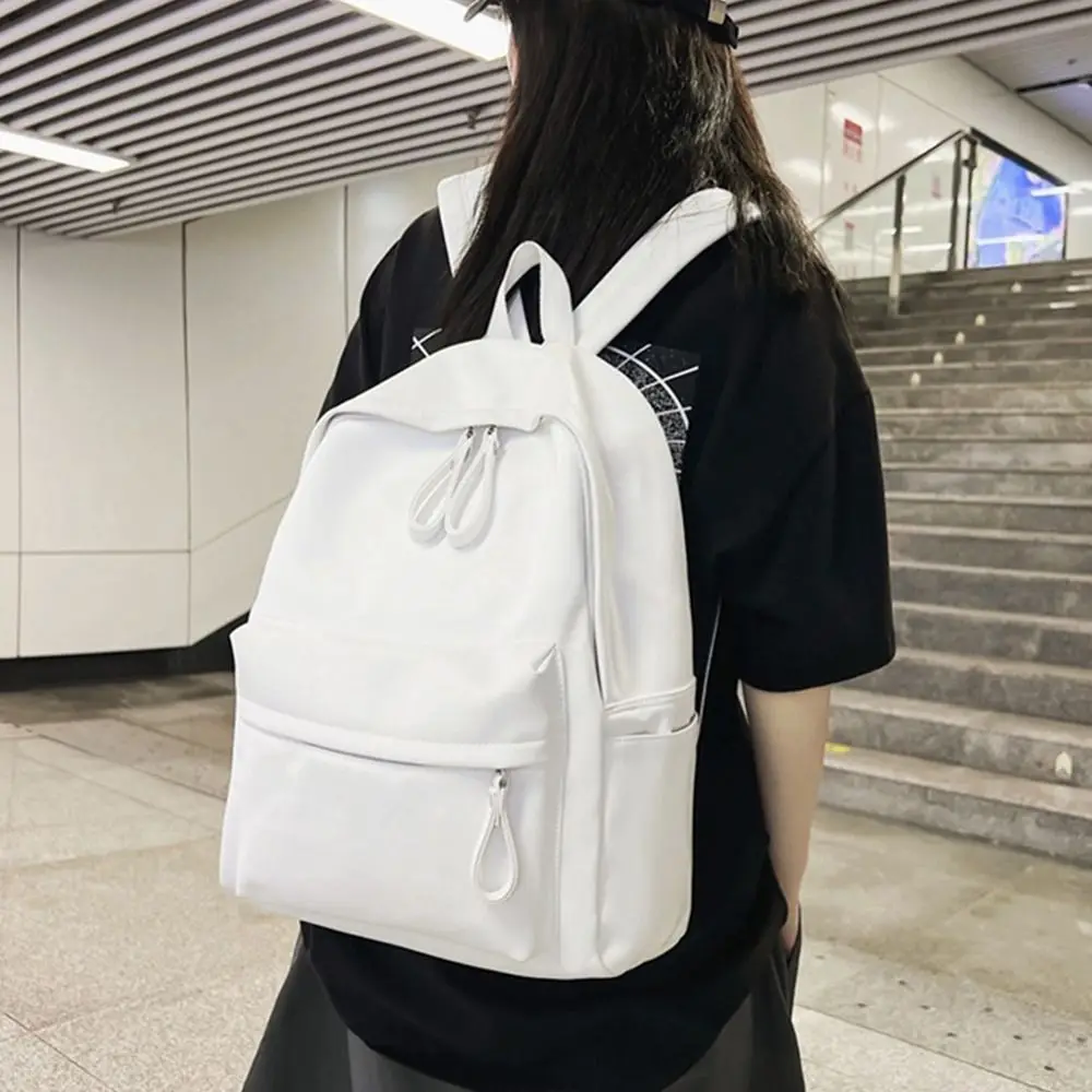 1Pcs New Large Capacity PU Leather Backpack Solid Color Waterproof School Bag Unisex Portable Couple Backpack Men Women