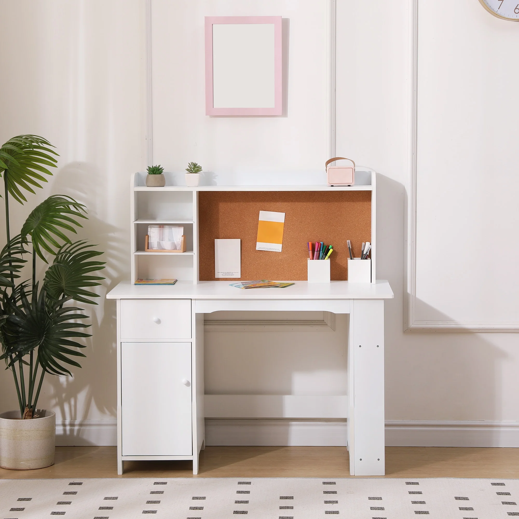 Kids Study Desk with Chair, Kids Desk and Chair Sets with Hutch, Drawer and Storage Cabinet, Wooden Children Study Table with Cork Bulletin Board, Student Writing Desk for Kids Bedroom, White