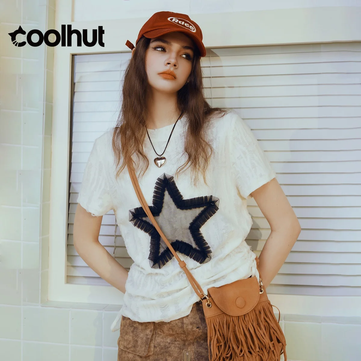 

COOLHUT 2025, новинка Y2K, летняя женская футболка большого размера со звездами и 3D нашивкой, повседневная свободная футболка с рюшами и рюшами, топ с короткими рукавами и графикой