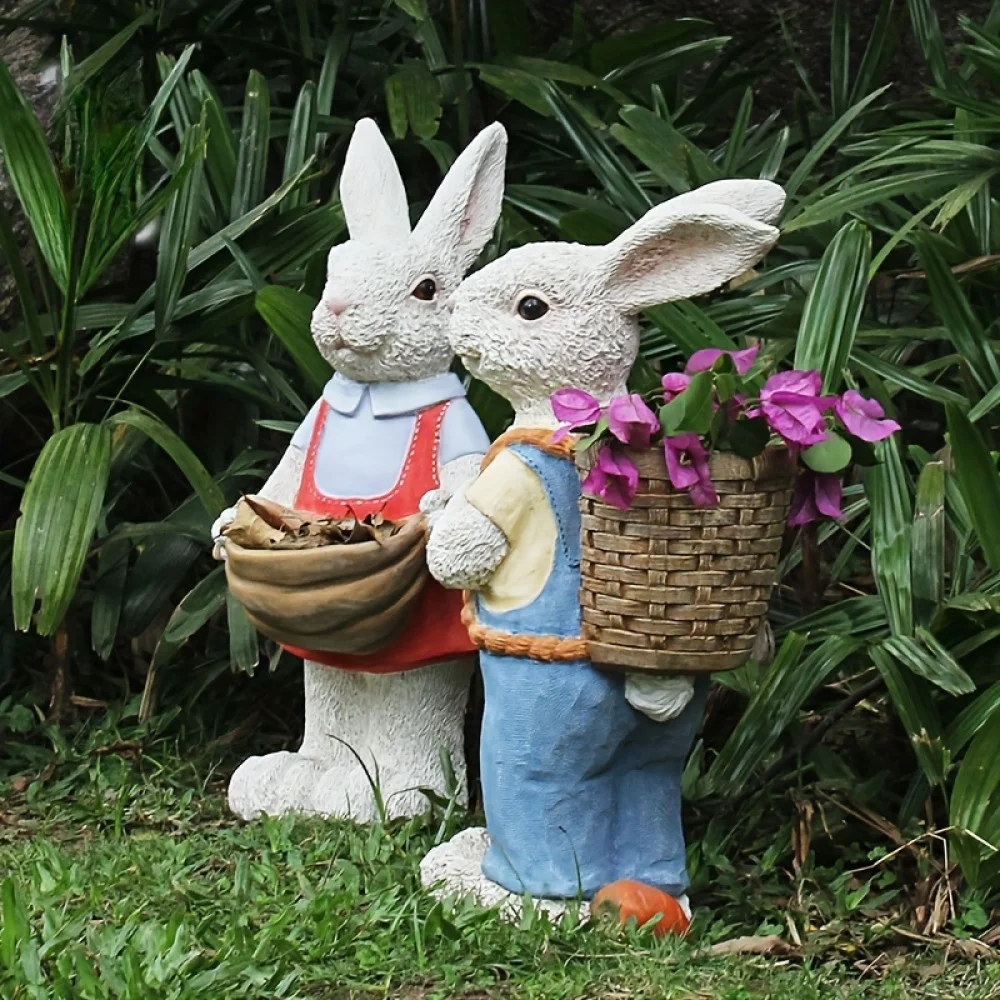 Simulated Couple Rabbit Statue Flower Pot Ornament, 17'' Resin Crafts Garden Sculpture Decor, Household Guardian Ornament, Ideal Gift for Independence Day for Yard Home Outdoor Decor view 8