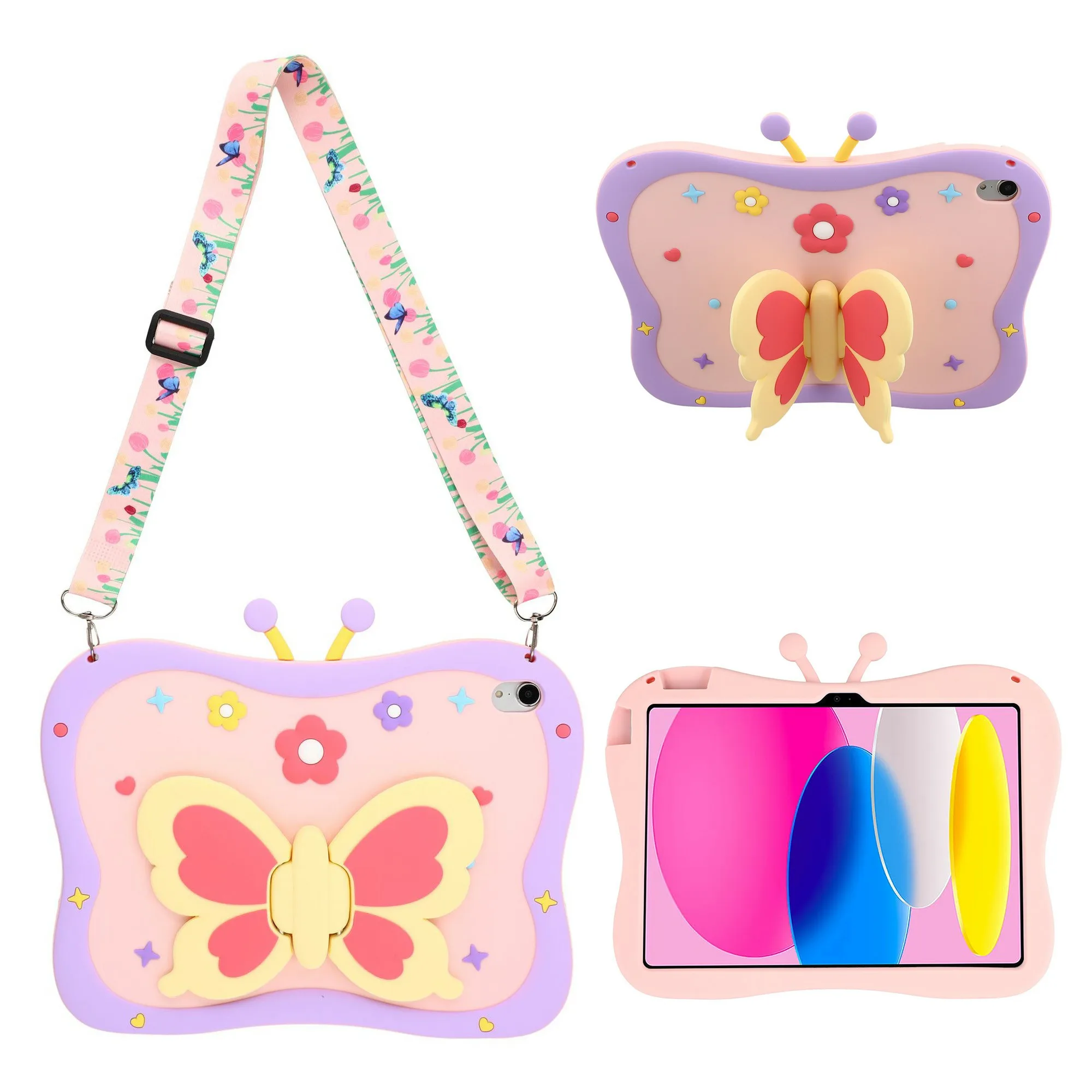 For iPad (2025) / iPad 10.9 (2022) Case 3D Butterfly Kickstand Silicone Tablet Protective Cover with Shoulder Strap