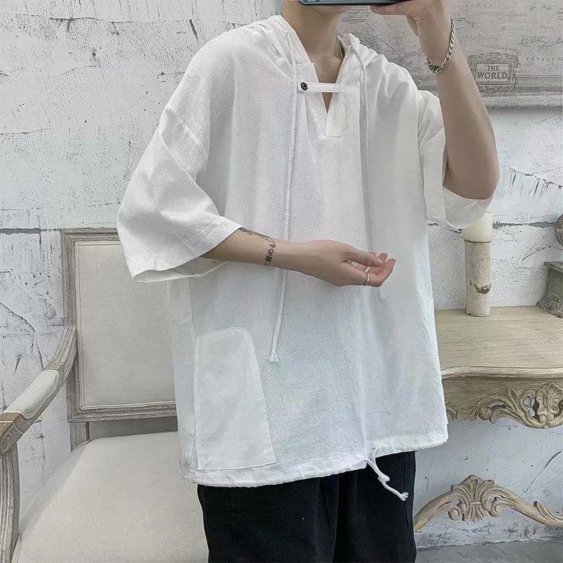 

Summer Pocket Men Short Sleeve Hooded Sweatshirts Thin Korean Fashion All-match Casual Loose T Shirts Black White Yellow Travel