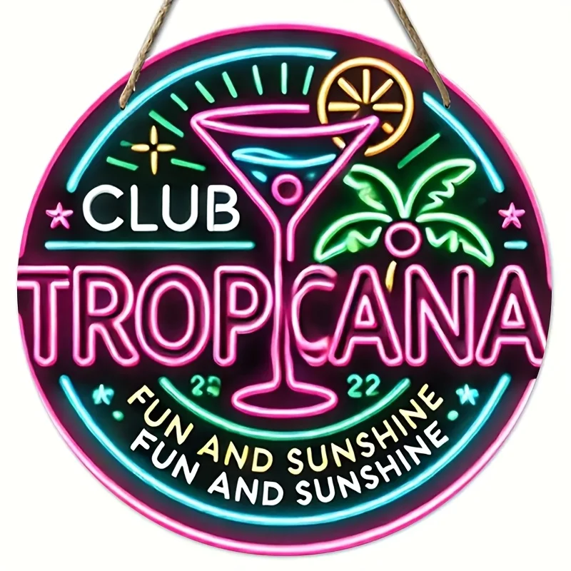 A circular wooden Tropianna neon sign wall decoration - Vibr