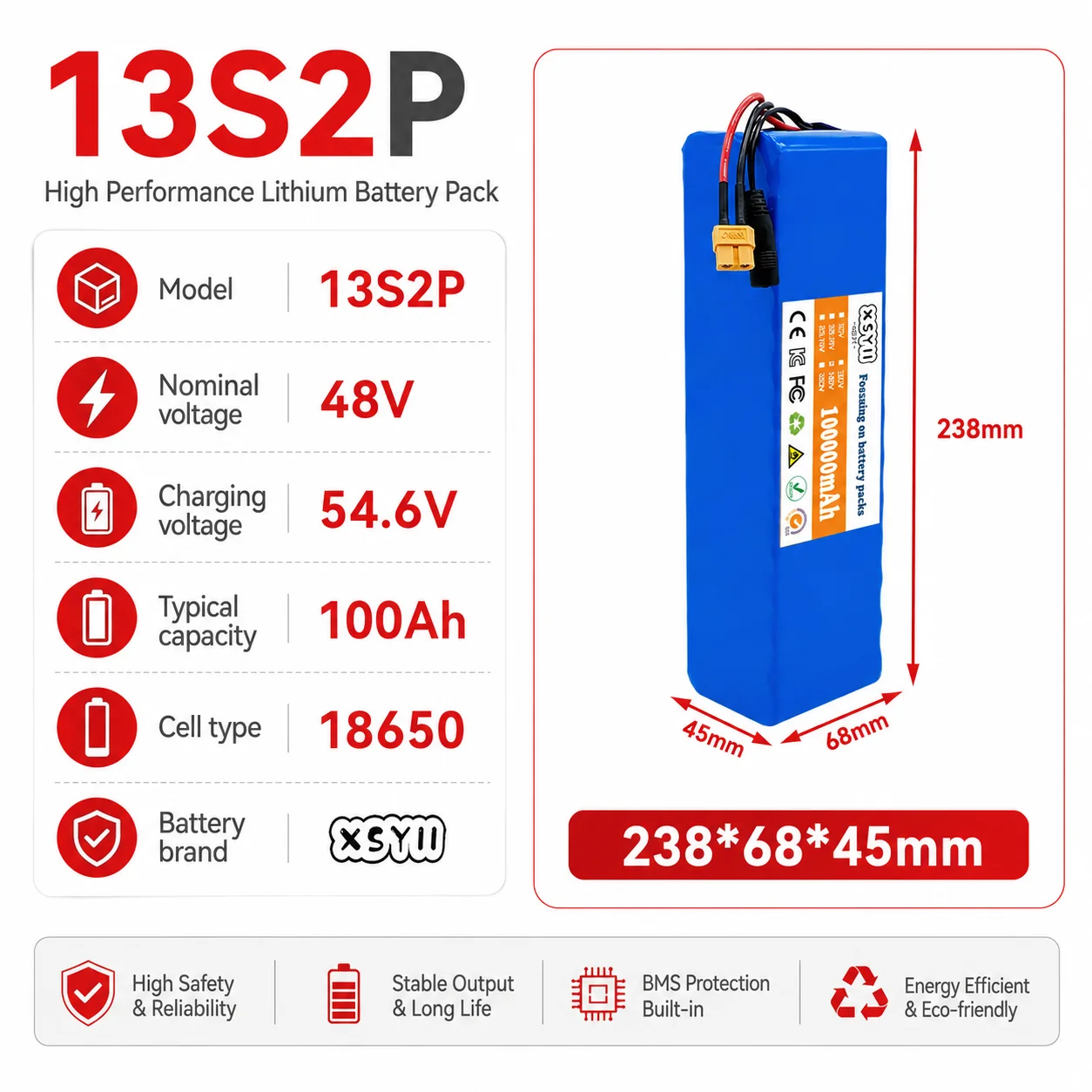 13S2P 48V 100Ah High Power 18650 Battery Electric Vehicle Electric Motorcycle DIY Battery with BMS + 54.6V 2A Charger 2026 New