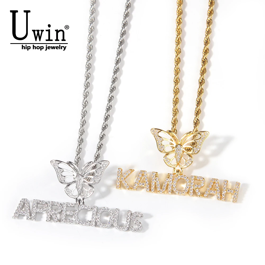 Uwin Custom Personalized Necklace Mini Letter With Butterfly Hook Cubic Zirconia Fashion Name Necklace Hiphop Jewelry 