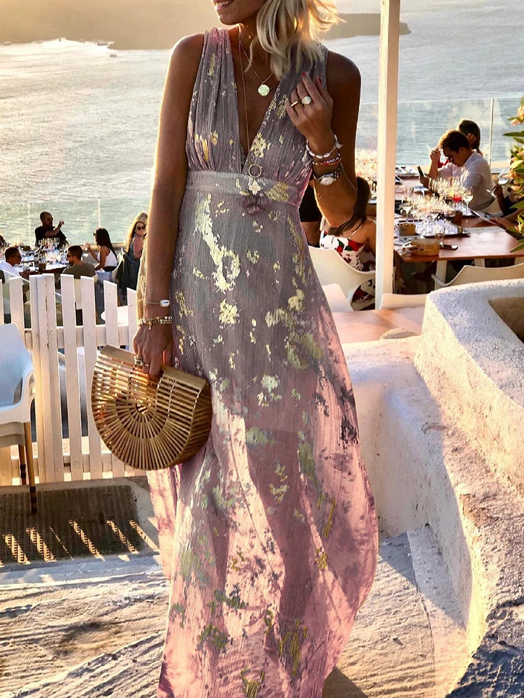 Fashion Deep V Neck Boho Party Dress Women Elegant Gold Stamping Off  Shoulder Long Dress Summer Casual Sleeveless Beach Dresses - AliExpress  200000345