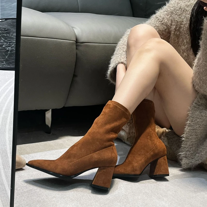

2025 Autumn Winter Women Pointed Toe Stiletto Ankle Boots Mid Heel Chunky Block Heel Elastic Boots Short Tube Bare Boots