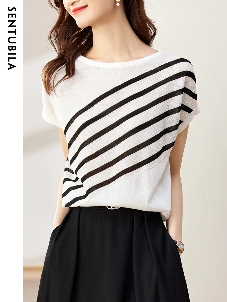 

SENTUBILA Summer Knit Tops Striped Short Sleeve White T-Shirts for Women 2024 Elegant Ladies Knitwear Women's Clothing W32H49584