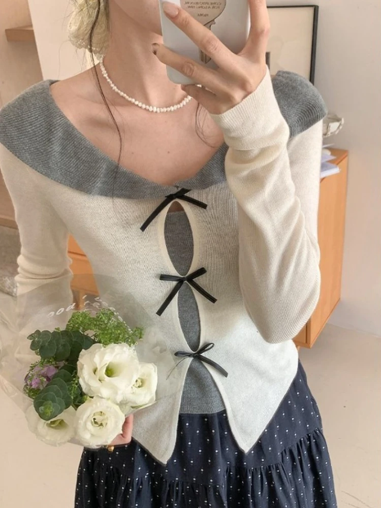 

Корейский стиль, лоскутные вязаные свитера с бантом, топы, женские осенние милые тонкие свитера с длинными рукавами, модный универсальный пуловер Y2k