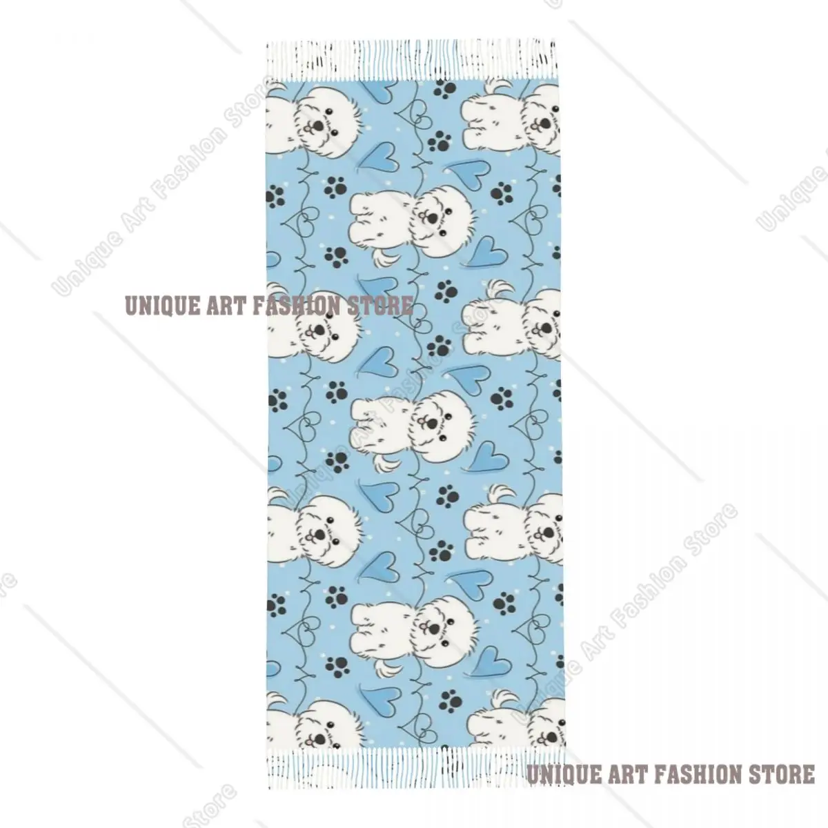 Синий шарф Love Maltese Dog для женщин, осенне-зимняя шаль, милые длинные шарфы с рисунком животного и кисточкой для вечернего платья