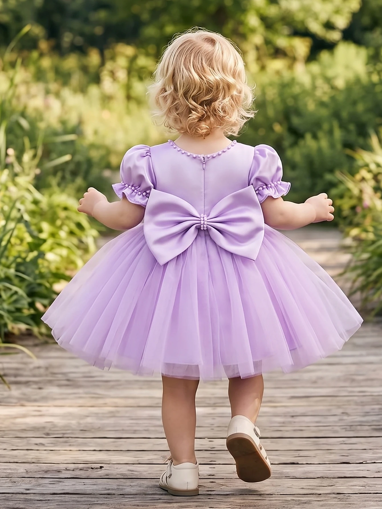 Baby Girls Purple Puff Sleeve Pearl Trim Tulle Dress Satin Bow Princess Party Gown For Birthday Wedding Gift Elegant Celebration