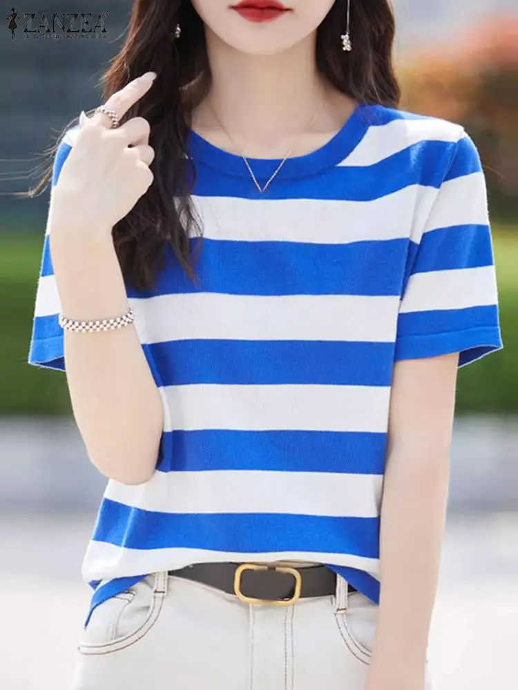 ZANZEA Summer Striped Blouse Women O Neck Short Sleeve Casual Shirt Female Holiday Blusas Chemise Elegant OL Work Tops Oversize