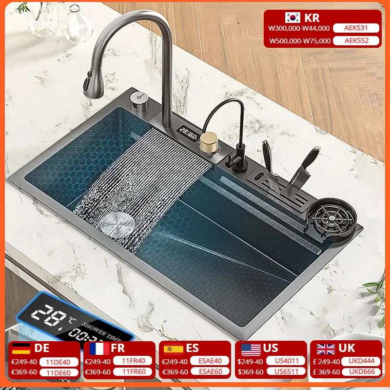 

New Waterfall Sink Stainless Steel Kitchen Sink Large Single Sink Household Washbasin Embossed honeycomb multifunctional sink