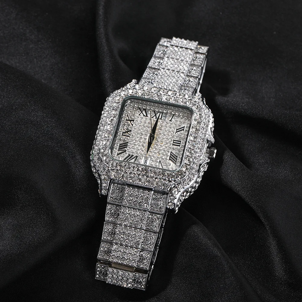 

High-End European American Hip-Hop Men's Wristwatch Square Diamond-Studded Large Dial with Roman Numeral Stainless Steel Band