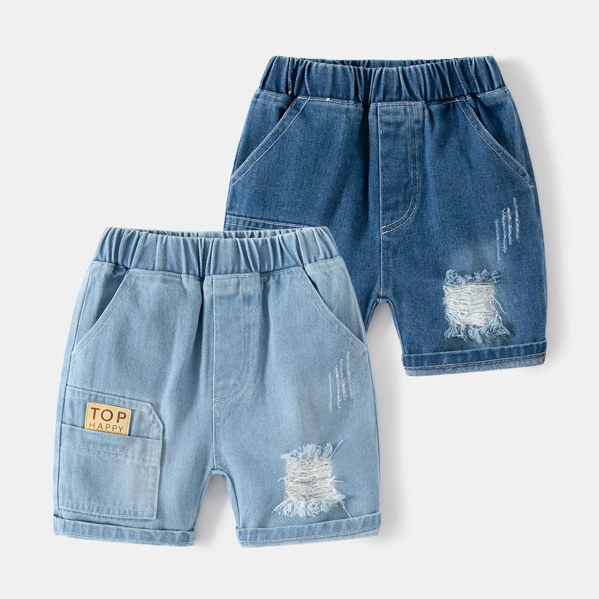 

2025 Summer Boys Fashionable Ripped Jeans Children Casual Letter Shorts 2-8Years Kids Elastic Waistband Denim Shorts