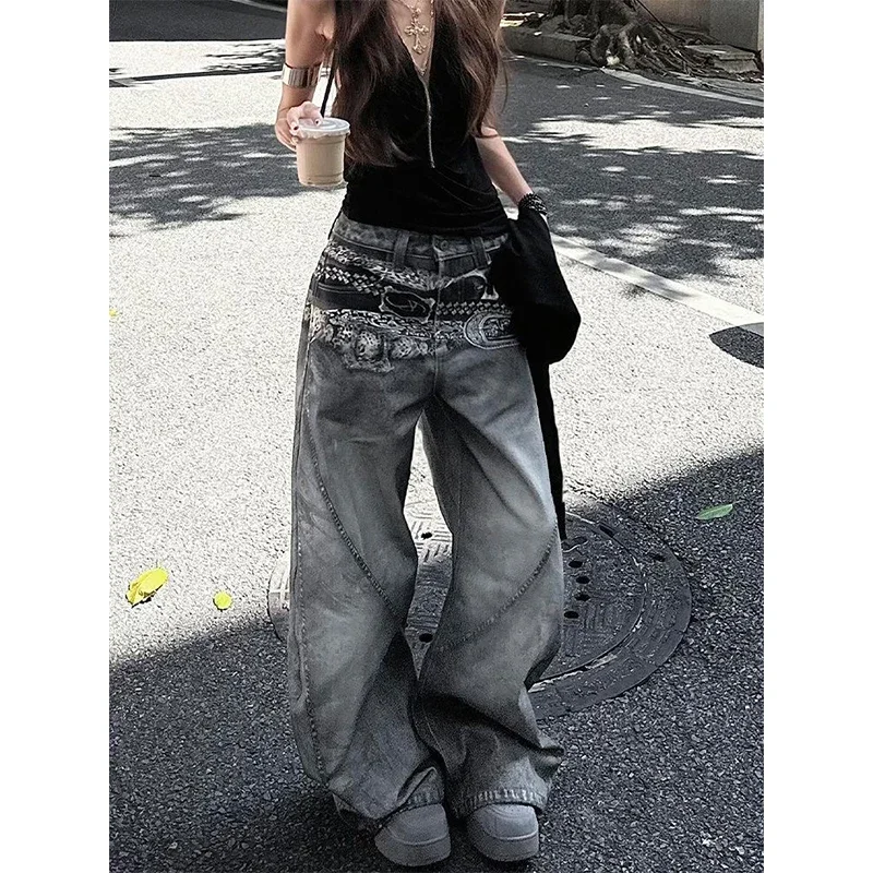 

Американские винтажные джинсы в стиле хип-хоп с высокой талией и принтом, женские повседневные мешковатые брюки Y2K с широкими штанинами в стиле гранж, уличная одежда, джинсовые брюки