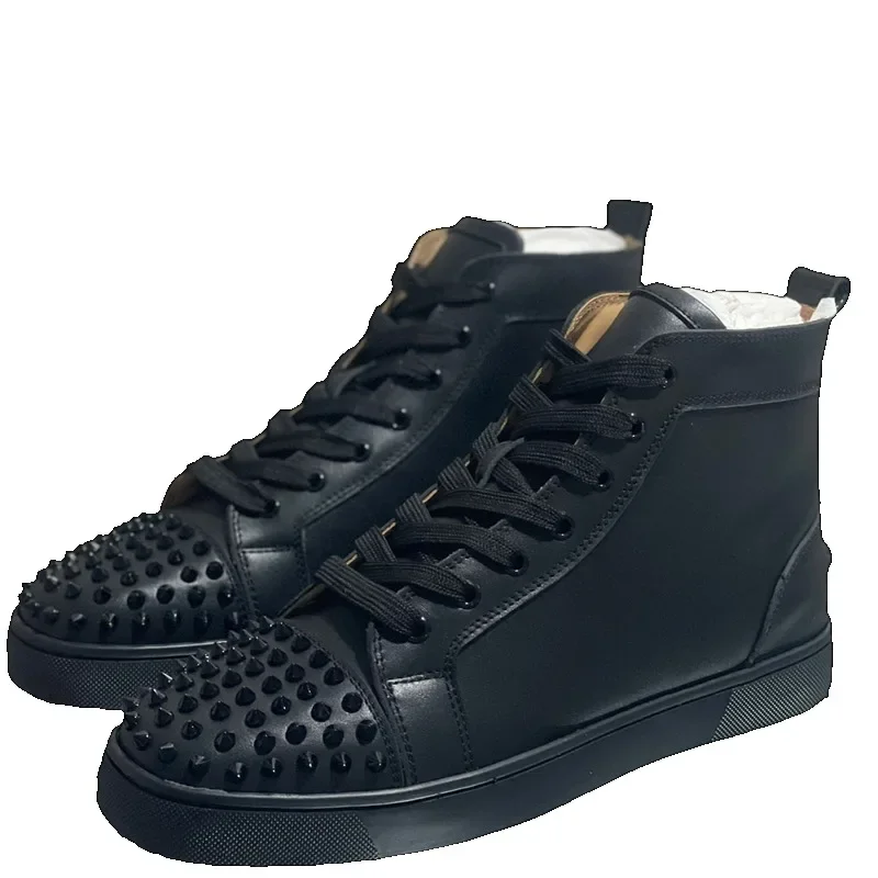 Luxury Brand High Top Red Bottom Shoes For Men Trainers Driving Spiked White Black Genuine Leather Rivets Toecap Flats Sneaker