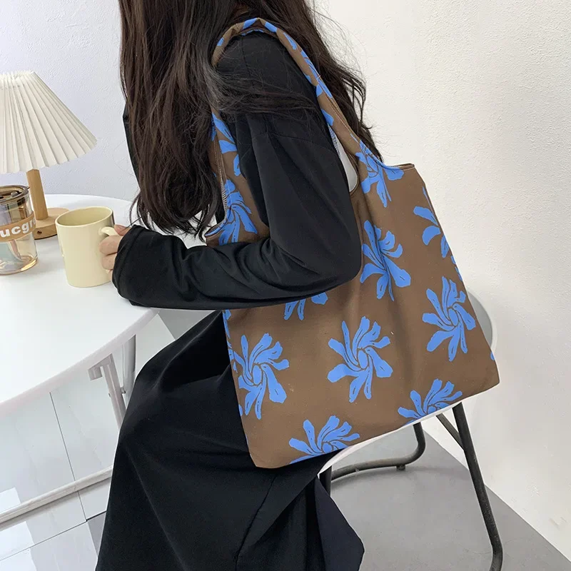 

Large Capacity College Girls Book Tote Shopping Bag Retro Flower Women's Vest Shoulder Bags Female Travel Handbags Floral Purse