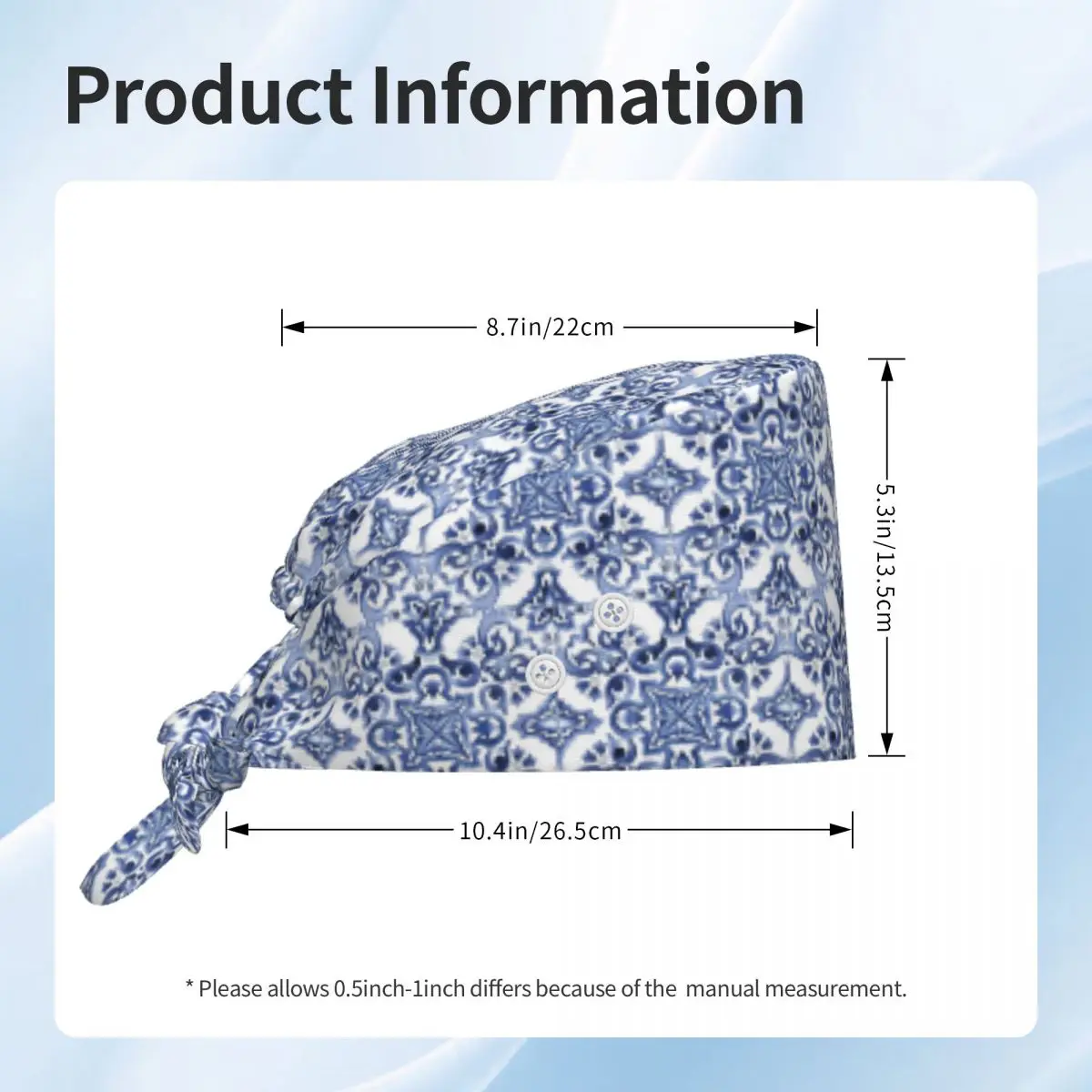 Blue Ornate Floral Mediterranean Sicilian Tile Scrub Hat Doctor Working Surgical Cap Unisex Adjustable Nursing Caps for Dentist