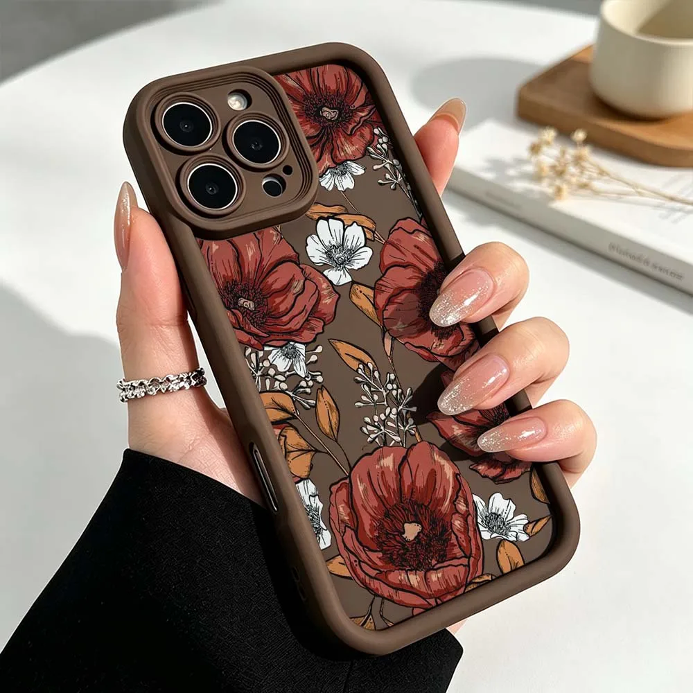 Art Retro Flowers Pattern Phone Case For Apple iPhone 17 Air 16 15 14 13 12 11 Mini Plus Pro Max Eye Ladder Silicone Cover