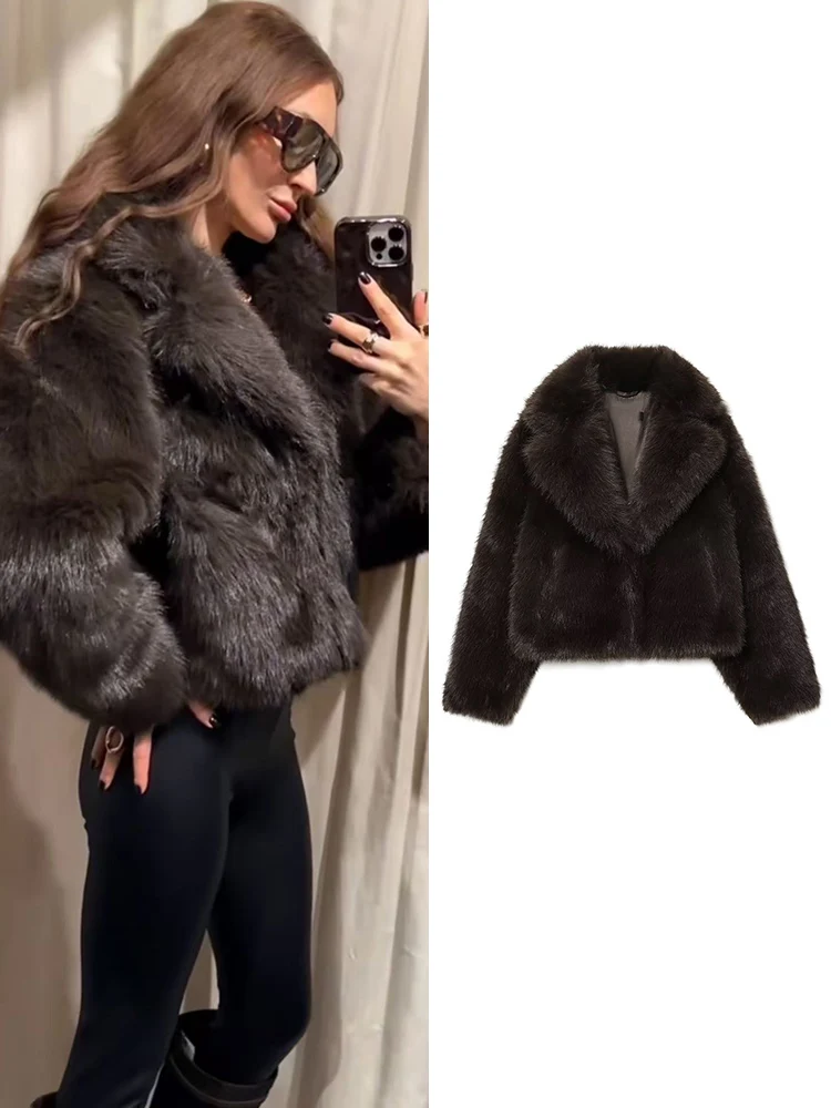 

TFMLN Faux Fur Short Coat For Women Fashion Casual Full Sleeve Lapel Thick Winter Warm Plush Jacket Top 2025 New Street Wear