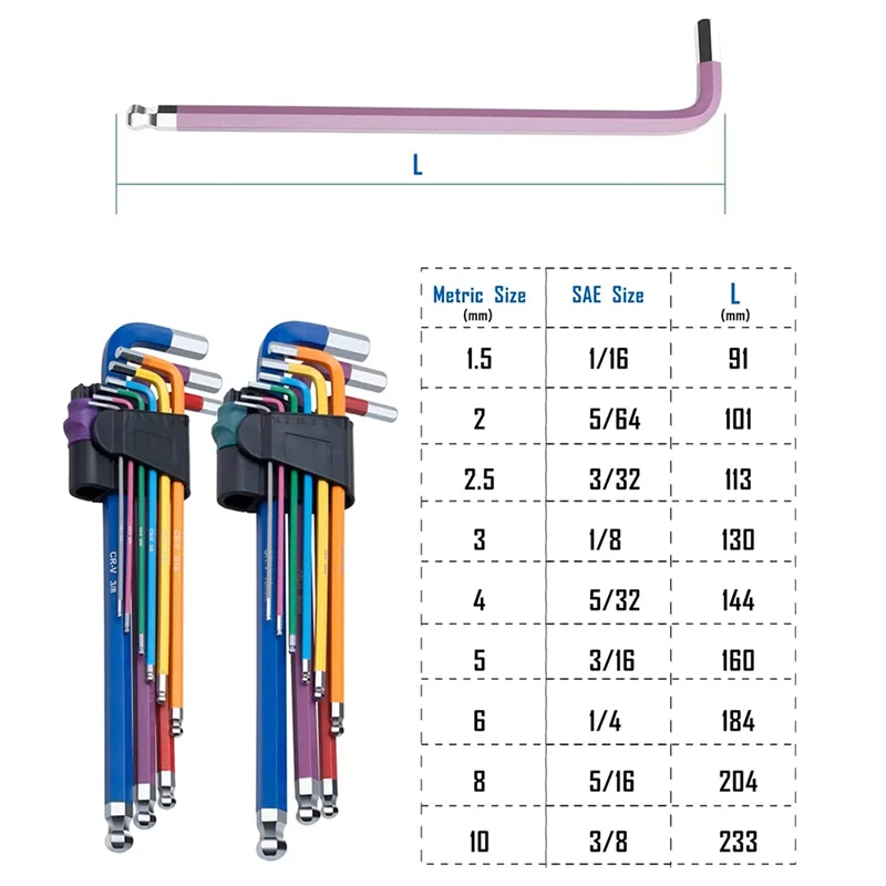 18-Piece Hex Key Set, Extra Long Arm Ball End Hex Key Set, with Foldable Holders, 1/16-3/8In and 1-10Mm, Color Surface