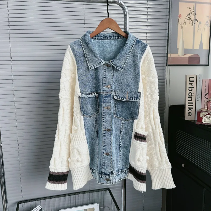 

Женский вязаный кардиган, свитера, лоскутные джемперы, однобортный отложной воротник, свободные повседневные с длинными рукавами, осень-зима 2023 г.