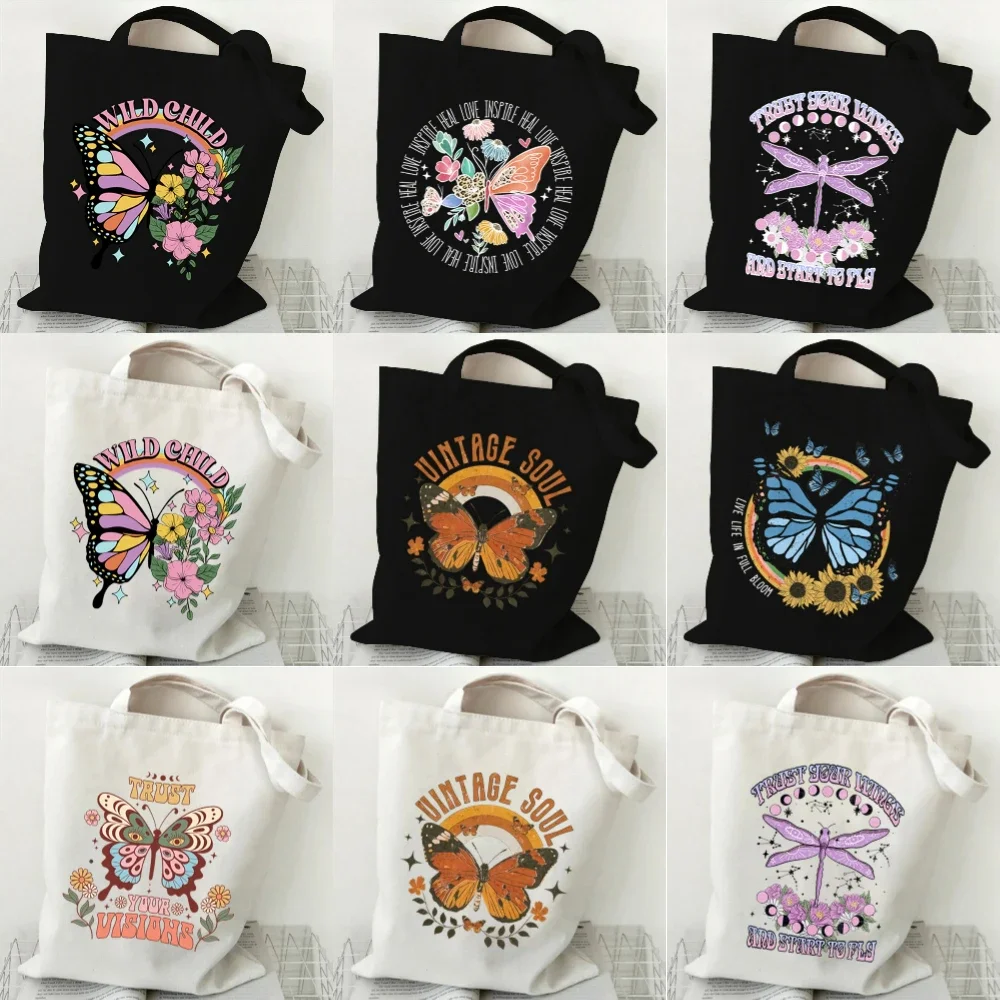 

Butterfly Flowers Pattern Canvas Shoulder Bag Flower Butterfly Print Tote Bags Retro Skull Print Women's Handbag Daily Use Gift