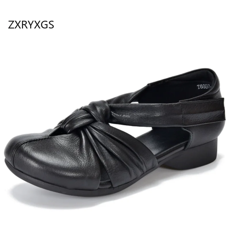 

Женские босоножки ZXRYXGS из натуральной кожи с плетеным верхом, на низком каблуке, модные туфли 2026 года, новые летние, с круглым носком, с открытыми боками, для банкетов