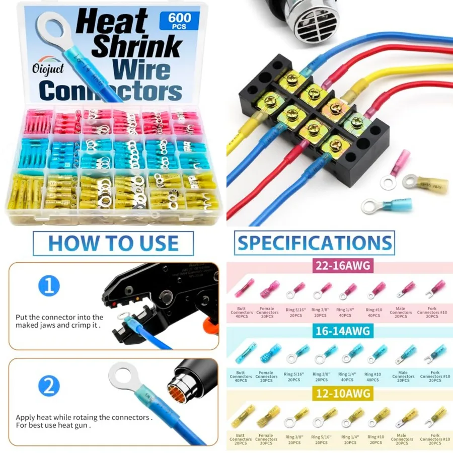 Pcs Heat Shrink Wire Connectors Electrical Kit - Marine Automotive Crimp Terminals Assortment, Waterproof Ring Fork Spade Elect