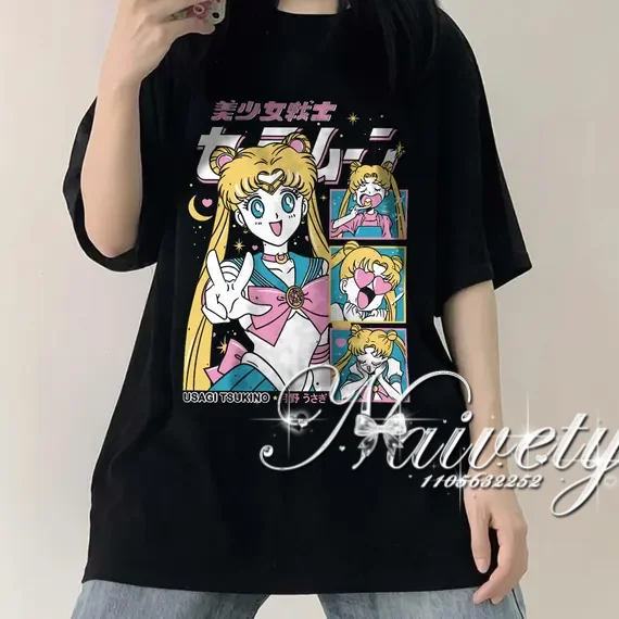 2026 Sommer Sailor Moon Print Baumwoll-T-Shirt Unisex Paar Freizeitkleidung, Anime Usagi Tsukino Manga Grafik Kurzarm-Shirt