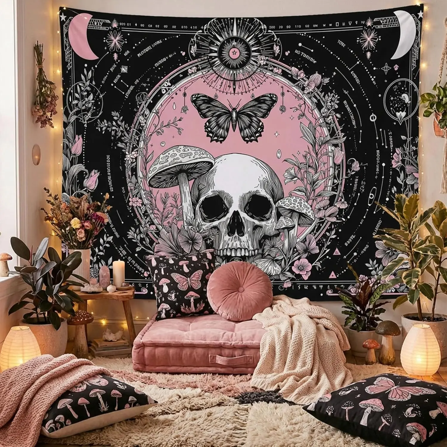 Skull Tapestry Pink Gothic Mushroom Butterfly Moon Tapestry for Bedroom Witchy Skeleton Floral Mystic Tapestries Wall Hanging