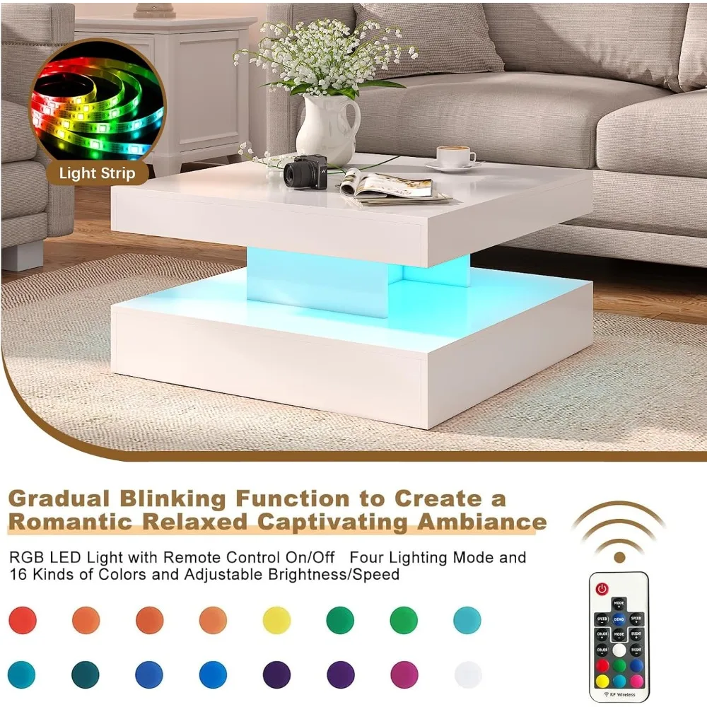 طاولة قهوة LED بيضاء لغرفة المعيشة، طاولة مركزية مربعة من طبقتين، طاولة غرفة المعيشة، قهوة خشبية عصرية عالية اللمعان