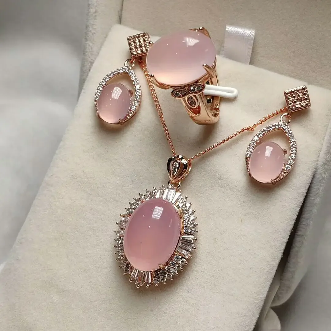 

Natural pink jade Chalcedony S925 silver inlaid necklace earrings ring jewelry set