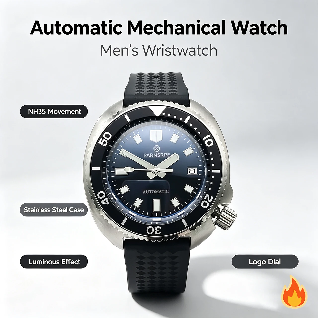 NH35 Best Seller 42mm Men's Diver Watch, Green Luminous Dial Sapphire Crystal Rubber Strap Screw-down Crown Waterproof