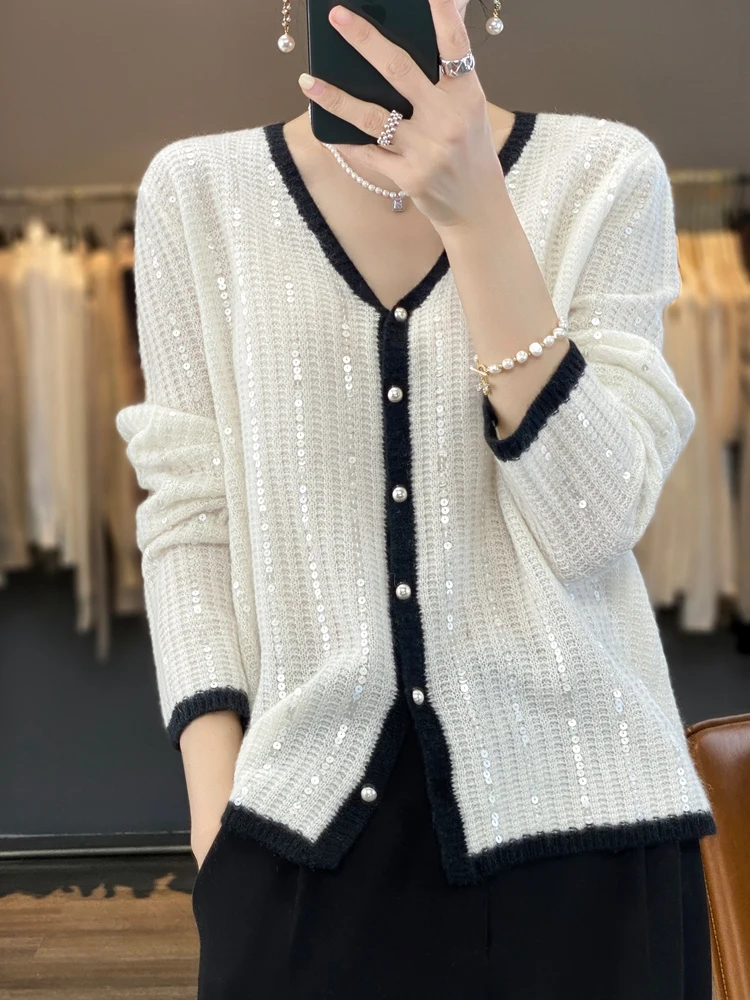 New Spring and Autumn Pure Wool Cardigan Women\'s V-Neck Sequin All-Match Sweater Coat Loose Pearl Buckle Knitted Top