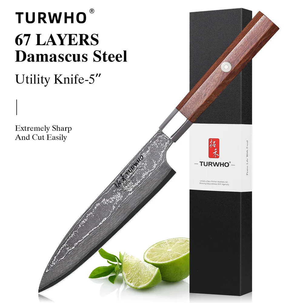 TURWHO 5" Küchenmesser Damaststahl Handgeschmiedete professionelle japanische Kochmesser Obstschälpe Peeling Kochutensilien