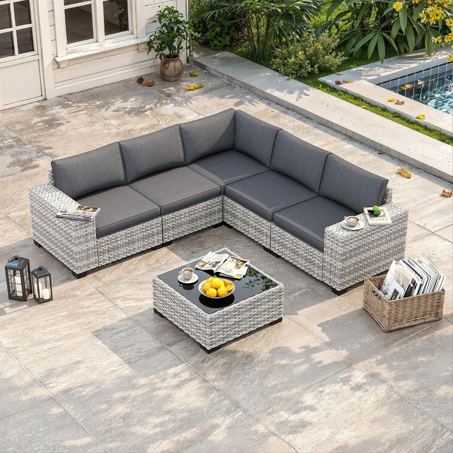 6 Piece Outdoor Wicker Patio Furniture Set Rattan Outdoor Sectional Sofa Patio Sectional 4 Thickened Cushions Coffee Table All W