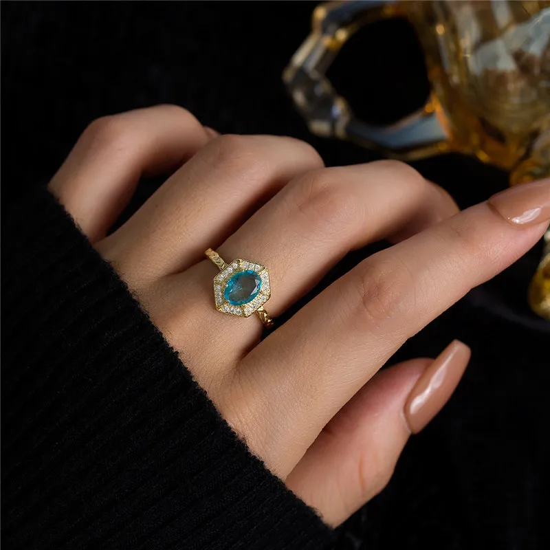 Real 925 Sterling Silver 18k Gold Plating Geometry Hexagon Blue Synthesis Topaz Open Ring For Women Light Luxury Fine Jewelry