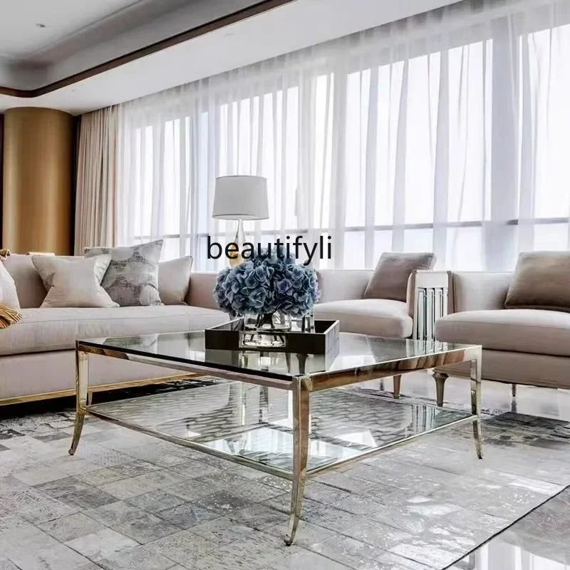 

Cy56 Stainless steel coffee table American light luxury living room tempered double glass designer square coffee table