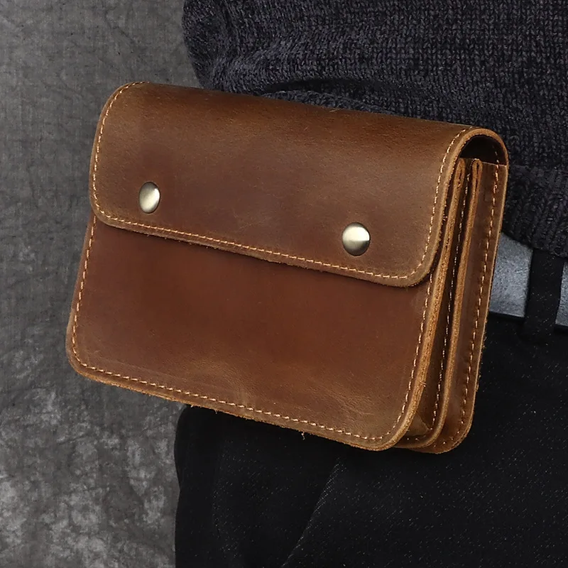 Riñonera Retro de piel de vaca para hombre, bolso de mano de cuero genuino con cinturón, cartera para teléfono móvil, 2022